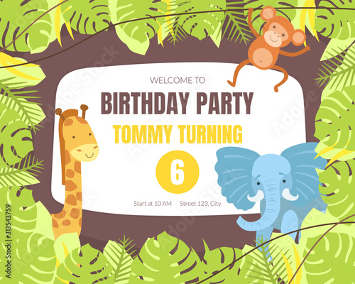 Birthday Party Banner Template with Cute African Animals  Invitation Card  Poster Vector illustration