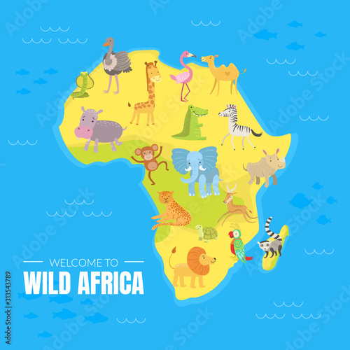 Welcome to Wild Africa Banner Template with Map of African Continent, Exotic Animals and Birds Vector illustration photo