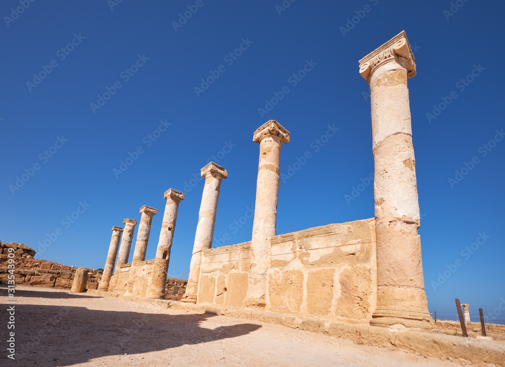 Сolonnade of ionic pillars of House of Theseus. Paphos Archaeological Park. Cyprus