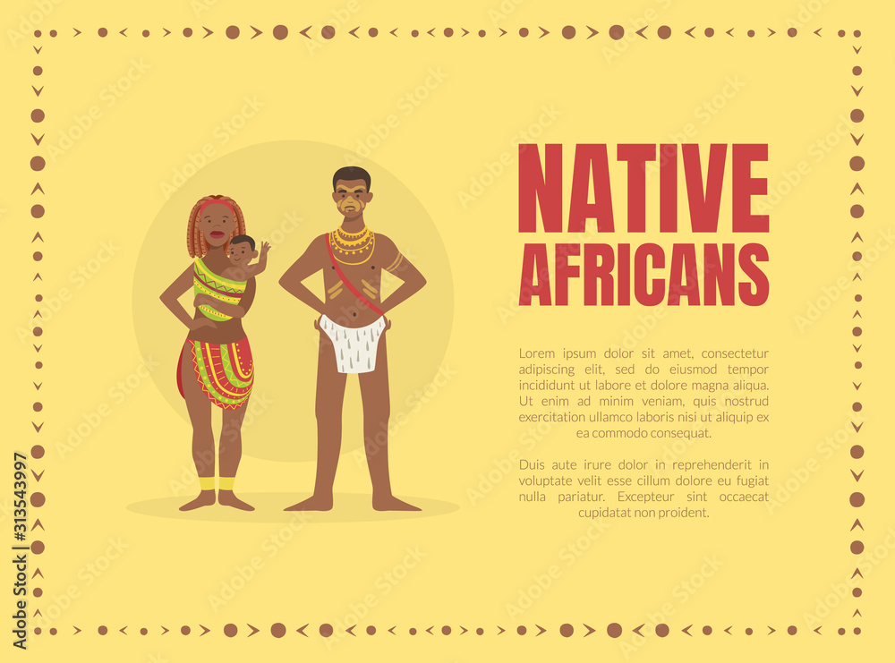 Native Africans Banner Template with Tribal People in Traditional Clothes and Space for Text Vector illustration