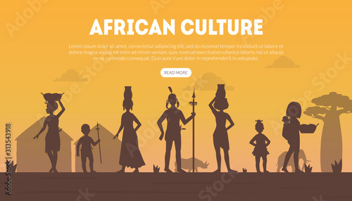African Culture Landing Page Template with Silhouettes of Native Tribal People in Traditional Clothes Vector illustration