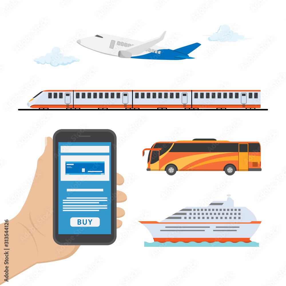 Illustration design of ticket reservations via smart phones makes it easier to travel by plane, bus, cruise ship and train
