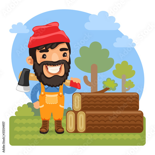 Cartoon lumberjack stands near logs in the forest. Composition with a professional. Flat male character.