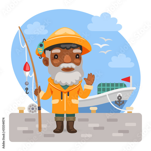 A cartoon fisherman stands on a pier in front of a boat. Composition with a professional man. Flat male character.