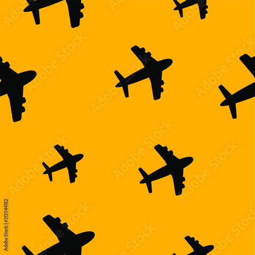 black plane on a yellowbackground. Cute seamless background.