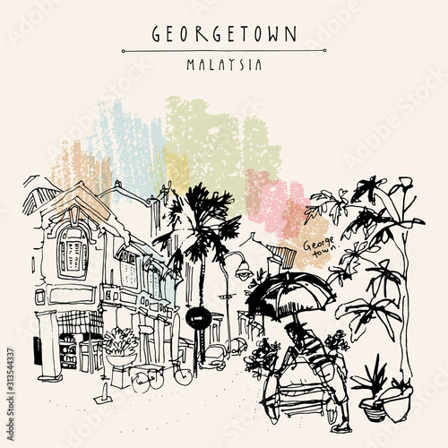 Little India district in Georgetown, Penang, Malaysia, Southeast Asia. Bicycle rickshaw with umbrella, historic buildings. Hand drawing. Travel sketch. Book illustration, postcard or poster