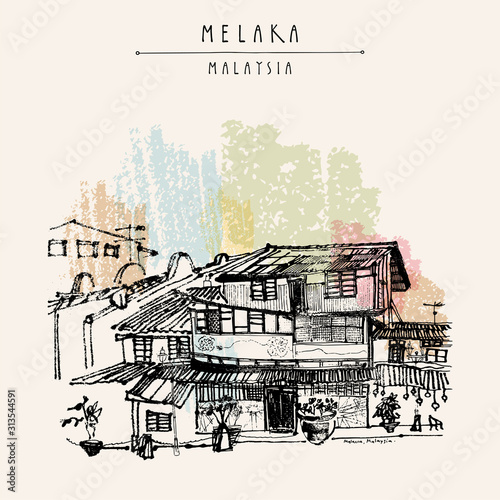 Melaka, Malaysia, Southeast Asia. Colonial buildings. Travel sketch. Vintage touristic hand drawn postcard