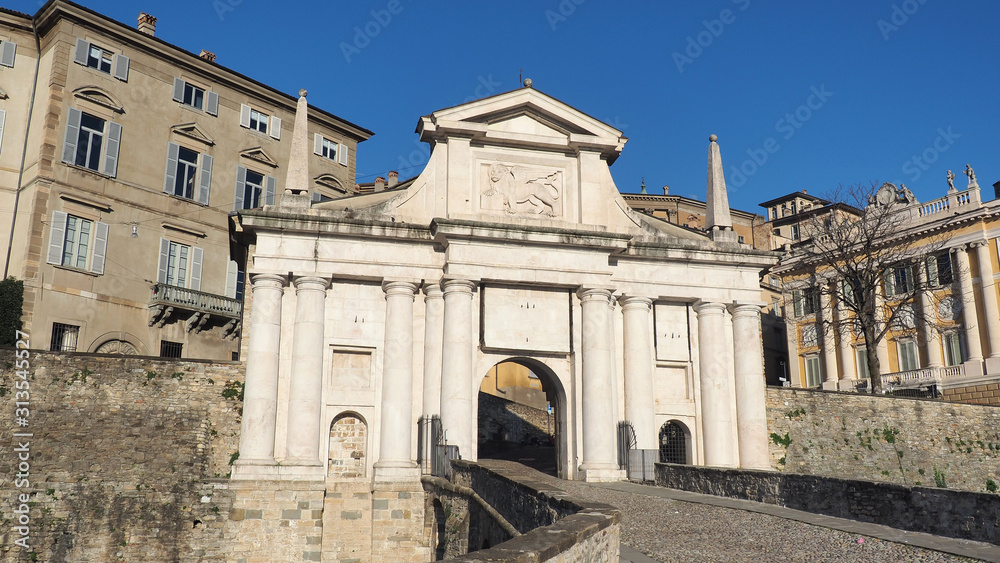 Bergamo, Italy. The old town. Landscape at the old gate Porta San Giacomo. Bergamo one of the beautiful city in Italy
