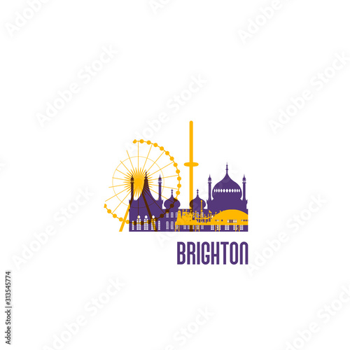 Brighton city emblem. Colorful buildings. Vector illustration.