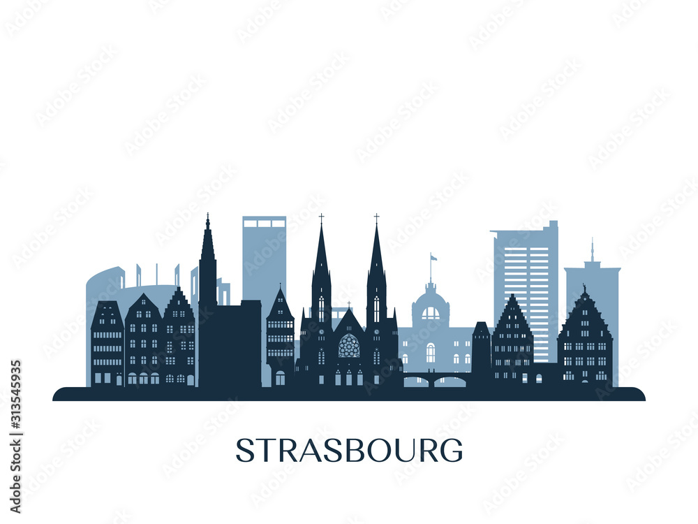 Strasbourg skyline, monochrome silhouette. Vector illustration. - obrazy, fototapety, plakaty 