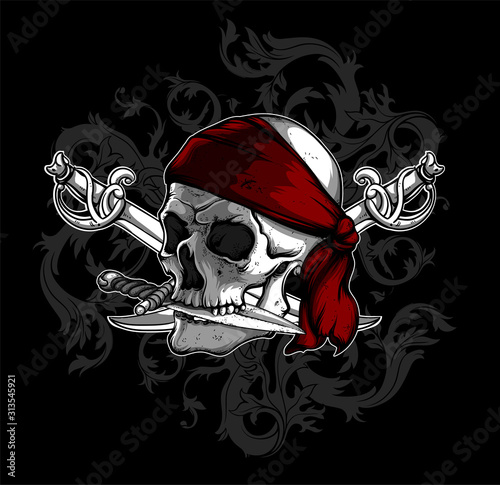 Skull in a red scarf with a knife in his teeth and two sabers. Highly realistic illustration.