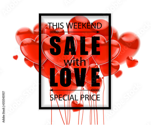 Valentines Day. Advertising sale. Black inscription SALE with LOVE  on a white background and  pink balloons in the shape of a heart. Vector illustration.