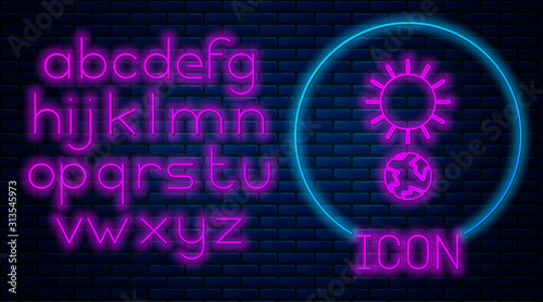 Glowing neon Solstice icon isolated on brick wall background. Neon light alphabet. Vector Illustration