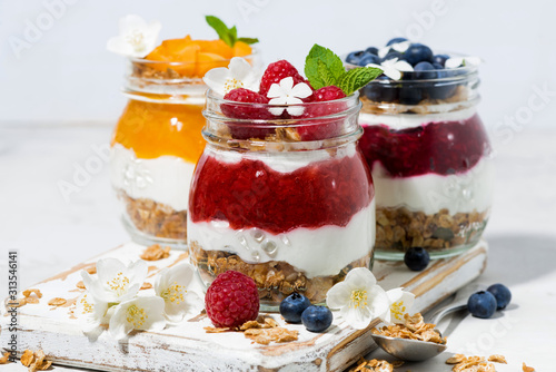 desserts with granola, berry and fruit puree in jars