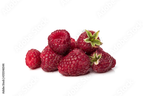  Fresh raspberry in wooden bowl isolated on white background.