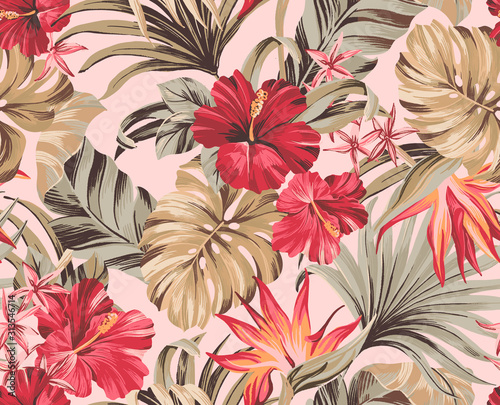 Exotic tropical flowers in trendy colors artwork for tattoo, fabrics, souvenirs, packaging, greeting cards and scrapbooking,bed linen,wallpaper