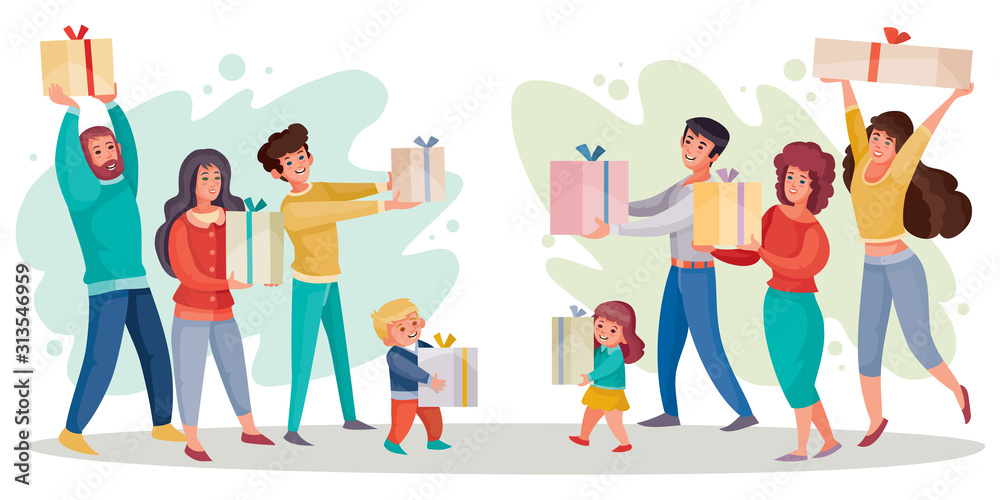 group of people with a child gives gifts to another group of people, holiday, fun, surprise, vector illustration