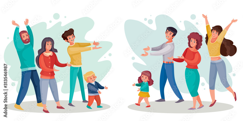 one group of men and women people joyfully greets another group of people with children, vector illustration