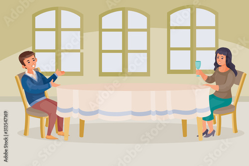 man and woman sit together at one big round table, all on separate layers, vector illustration