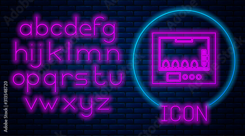 Glowing neon Incubator for eggs icon isolated on brick wall background. Neon light alphabet. Vector Illustration