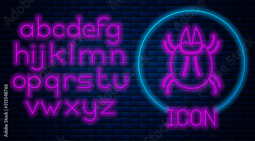 Glowing neon Parasite mite icon isolated on brick wall background. Neon light alphabet. Vector Illustration