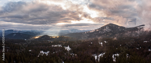 Aerial Panoramic View of Idaho Mountains at Sunset in Winter