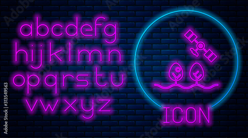 Glowing neon Smart farm with drone control and tree icon isolated on brick wall background. Innovation technology for agricultural company. Neon light alphabet. Vector Illustration