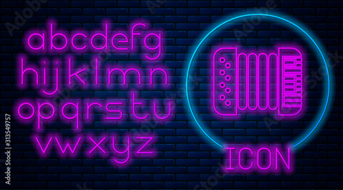 Glowing neon Musical instrument accordion icon isolated on brick wall background. Classical bayan, harmonic. Neon light alphabet. Vector Illustration