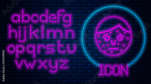 Glowing neon Face with psoriasis or eczema icon isolated on brick wall background. Concept of human skin response to allergen or chronic body problem. Neon light alphabet. Vector Illustration