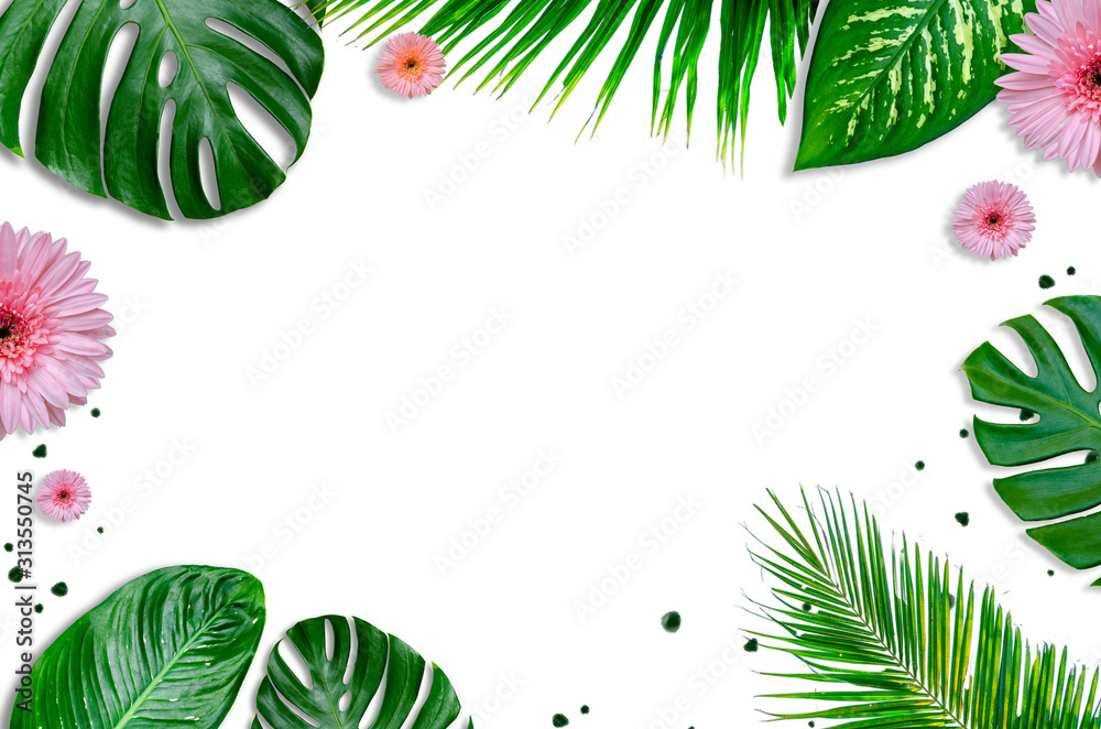 leaves background white with green leaves and flowers flatlay