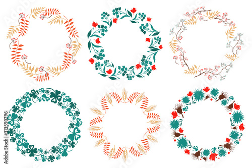Color wreath set with hand drawn elements: leaves, flowers, branches and berries