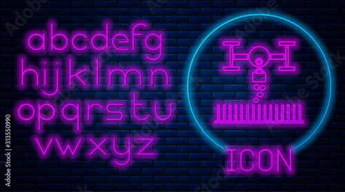 Glowing neon Smart farm with drone control for seed planting icon isolated on brick wall background. Innovation technology for agricultural company. Neon light alphabet. Vector Illustration