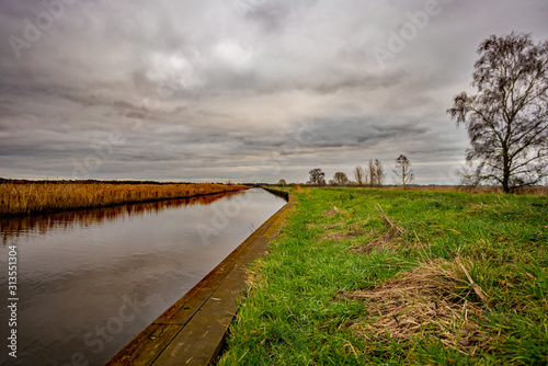 Fototapeta Naklejka Na Ścianę i Meble -  A view down a quiet dyke and over the marshland in the Norfolk countryside captured on a dull, grey and overcast winter's day