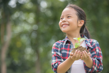 Kid holding young plant in hands against spring green background. environment earth day In the hands of trees growing seedlings. concept ecology