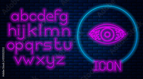 Glowing neon Reddish eye due to viral, bacterial or allergic conjunctivitis icon isolated on brick wall background. Neon light alphabet. Vector Illustration