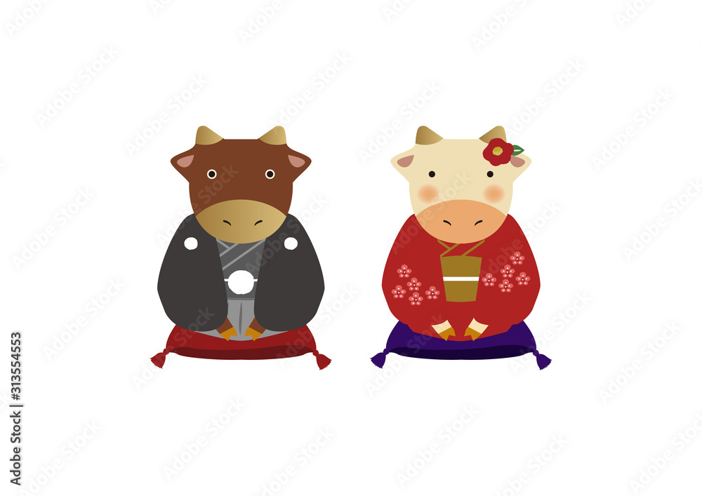 丑年のイラスト。干支の素材。 十二支のキャラクター。 丑年のイラスト。干支の素材。 十二支のキャラクター。