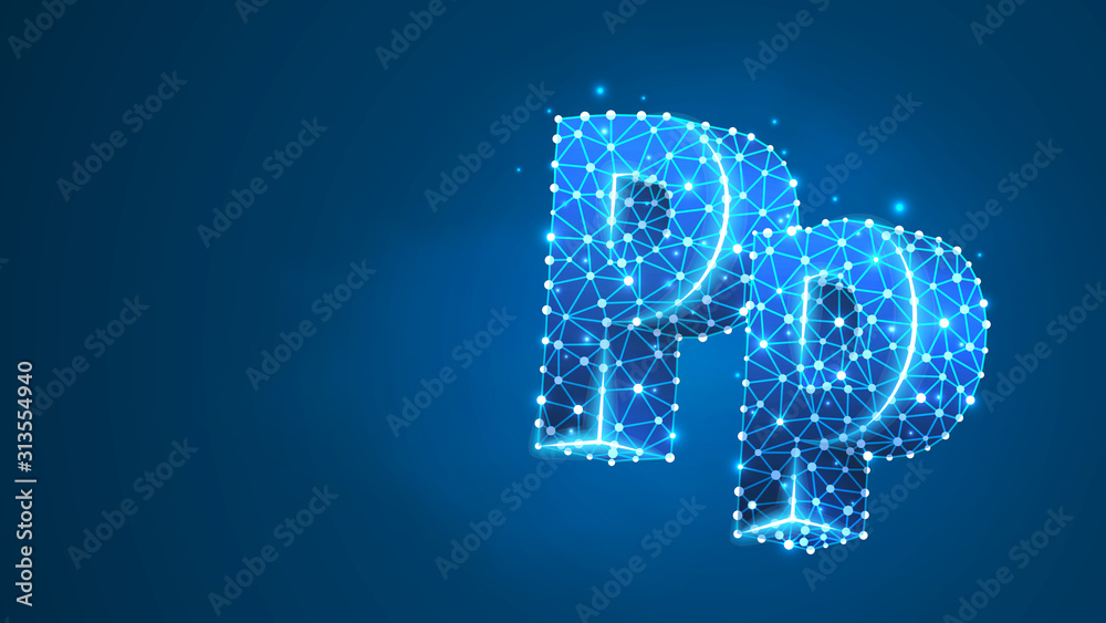 Alphabet letter P. Design of an Uppercase and lowercase letters. Banner, template or a pattern. Abstract digital wireframe, low poly mesh, Raster blue neon 3d illustration. Triangle, line, dot
