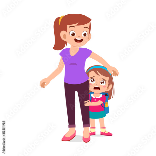 happy cute kid girl first day school with mother