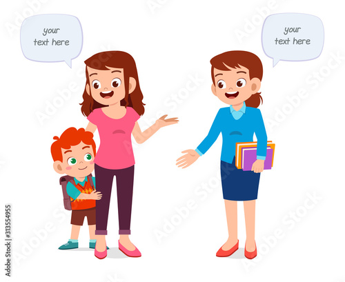 happy cute kid boy first day school with mother