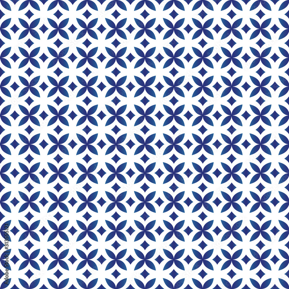 Fototapeta Diamond seamless geometric pattern. Decorative blue diamonds and flowers on isolated white background. Design for porcelain, ceiling, texture, paper, wall, background.