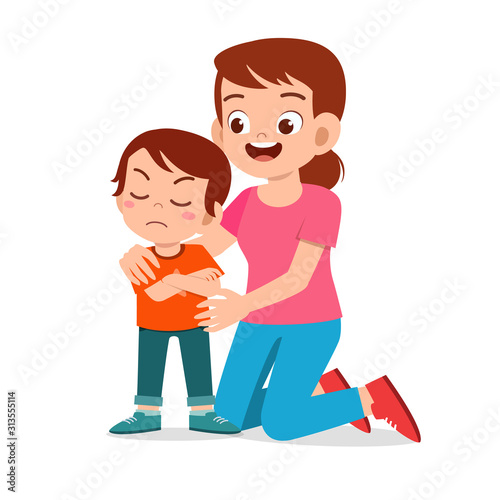 mom try to talk with her angry kid boy