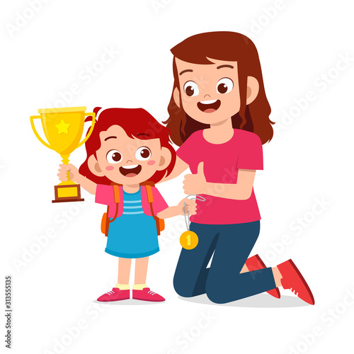 happy cute kid girl carry trophy with mom