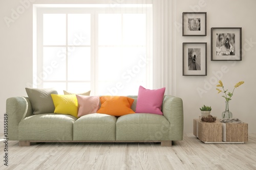 Stylish room in white color with colorful sofa. Scandinavian interior design. 3D illustration