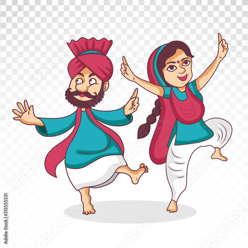 vector illustration of Punjabi couple cartoon character dancing bhangra on punjabi festival.