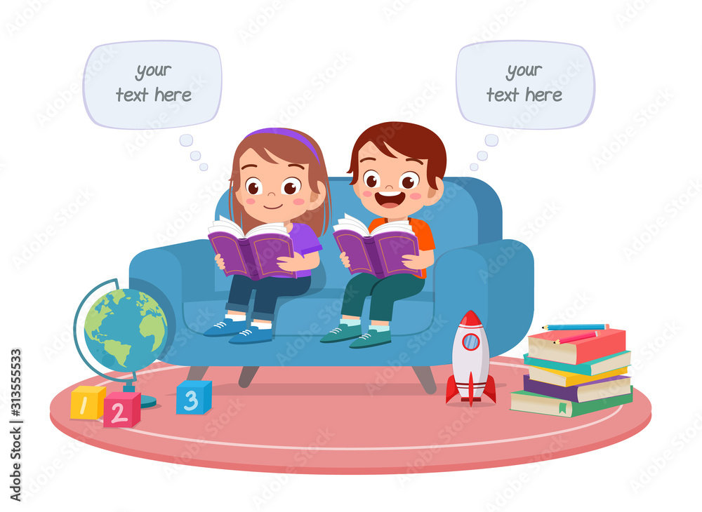 happy cute kids boy and girl study read together