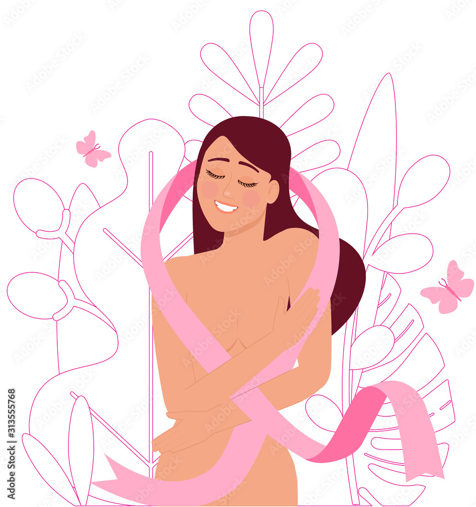 A naked young woman embraced with a pink ribbon. A naked young woman embraced with a pink ribbon.