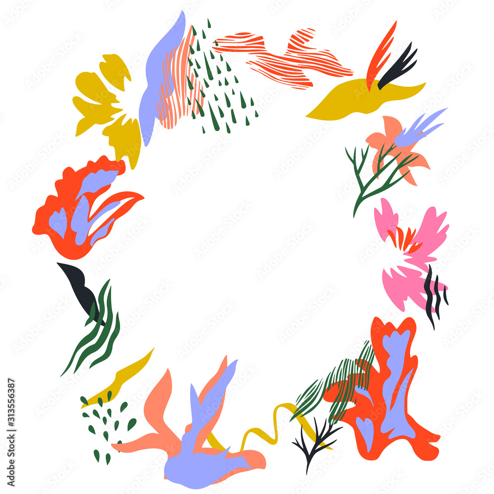 Bright abstract fashion floral wreath. Frame card with flat colorful botanical elements, geometric shapes and doodles isolated on white. Collage style. For placing text, postcards, invitation, card. Bright abstract fashion floral wreath. Frame card with flat colorful botanical elements, geometric shapes and doodles isolated on white. Collage style. For placing text, postcards, invitation, card.