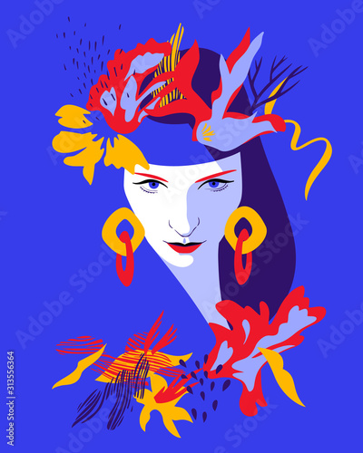 Beautiful woman full face. Close-up portrait of young girl wearing large earrings and stylized floral wreath headband or headdress. Fashion model girl in pop art style, flat design.