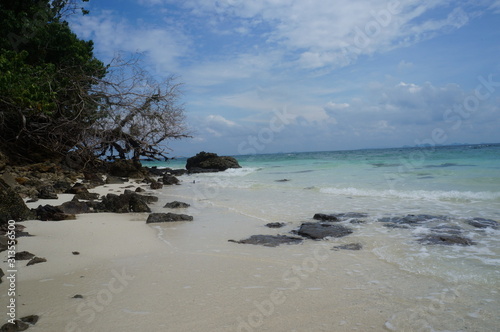  Photo of a sandy beach near the tropical azure sea. Natural landscape background