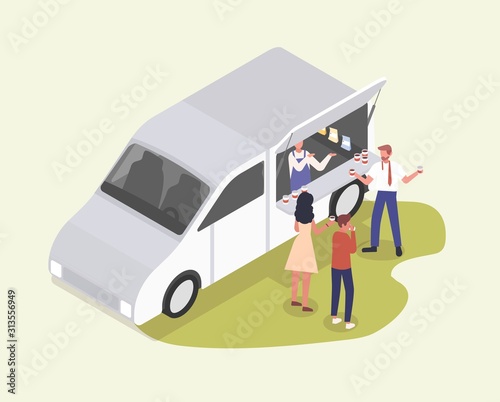 Coffee tasting isometric vector illustration. Young people drinking fresh espresso outdoors cartoon characters. Men and woman on coffee break Delicious drink degustation. Hot beverage sale business.